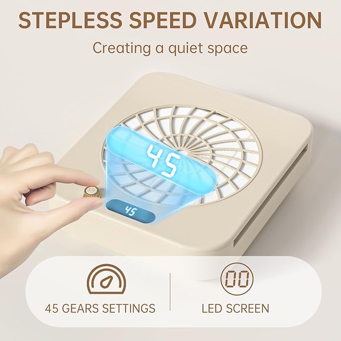 Professional Nail Dust Collector with 2 Reusable Filters, 45-Gear Powerful Nail Fan Dust Extractor with Stepless Speed Variation Tech, Manicure Vacuum Duster for Nails Salon, Low Noise