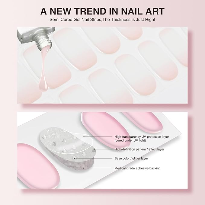 Semi Cured Gel Nail Strips, 20 PCS Gel Nail Stickers Work with UV Light, Gel Nail Wraps, Salon Quality & Easy to Use - Pure Powder