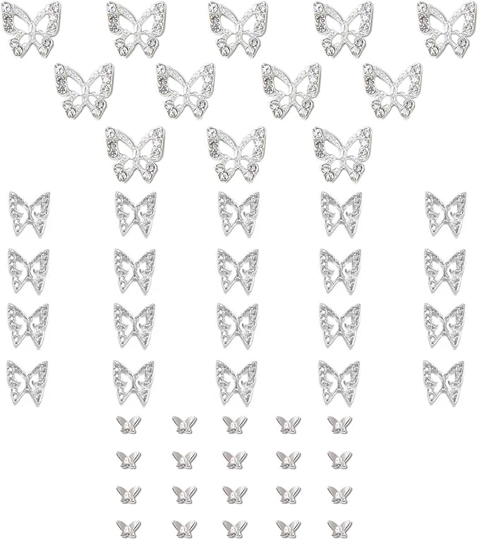 Butterfly Nail Charms, 52pcs 3D Silver Butterfly Charms for Acrylic Nails, 12 Butterflies Nail Rhinestones Gems Charms +40 Alloy Studs, Nail Art Crystals Diamonds Decor Supplies for Nails DIY