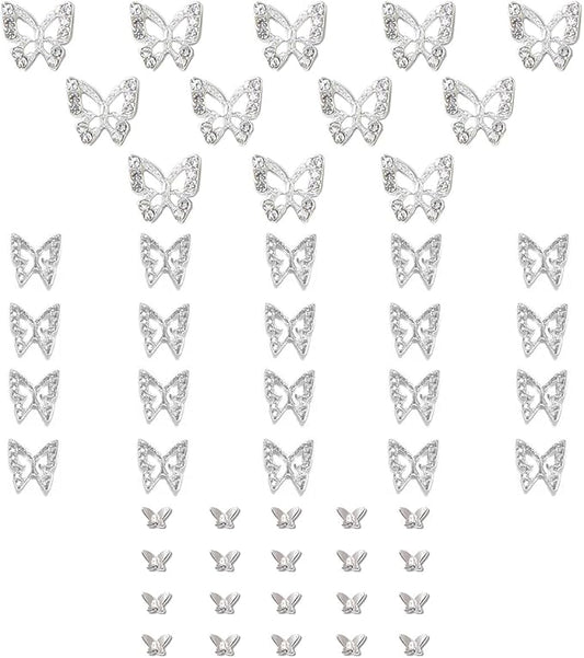 Butterfly Nail Charms, 52pcs 3D Silver Butterfly Charms for Acrylic Nails, 12 Butterflies Nail Rhinestones Gems Charms +40 Alloy Studs, Nail Art Crystals Diamonds Decor Supplies for Nails DIY
