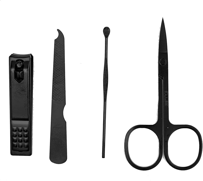 Nail Clipper Set, 4PCS Manicure Set Fingernail Clippers Kit Black Stainless Steel Pedicure and Manicure Kit with Grey PU Leather Case