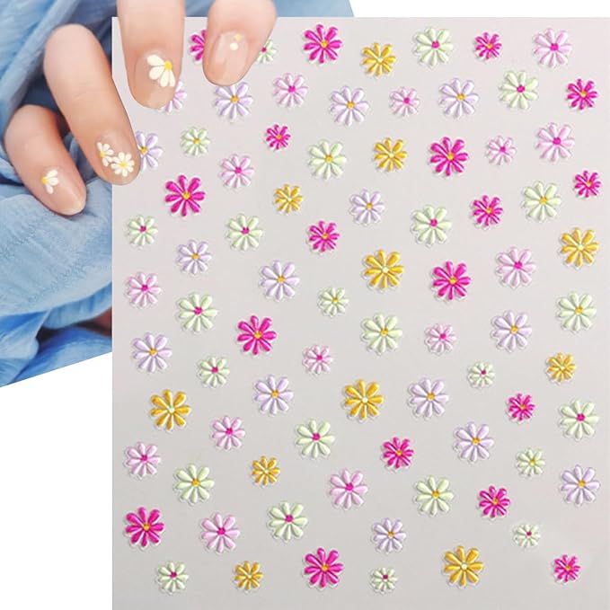 6 Sheets Flower Nail Art Stickers Colour Daisy Nail Decals 5D Embossed Pink White Floral Nail Design Stickers Spring Nail Decor Self-Adhesive Design Flower Acrylic Nail Art Supplies for Women