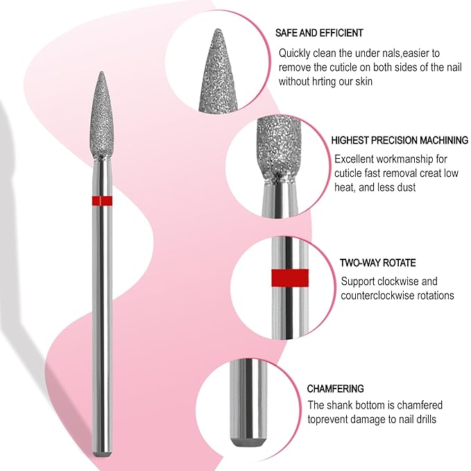 Cuticle Nail Drill Bit, 3/32'' Professional Safety Diamond Under Nail Cleaner for Cuticle Dead Skin Nail Prepare, Beginners Bits, Experienced Tech,Flame Shape (Fine)