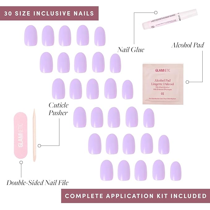 Glamnetic Press On Nails - Lilac | Solid Opaque Light Pastel Purple Round Nails, Salon Quality | 12 Sizes - 30 Nail Kit