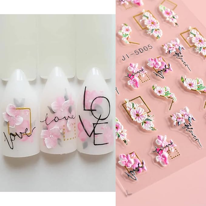 5D Nail Art Stickers 4 Sheets Pink Flowers Geometric Lines Decor Acrylic Embossed Sliders Gold Strips Decals Charms Cherry Blossom Manicure Accessories