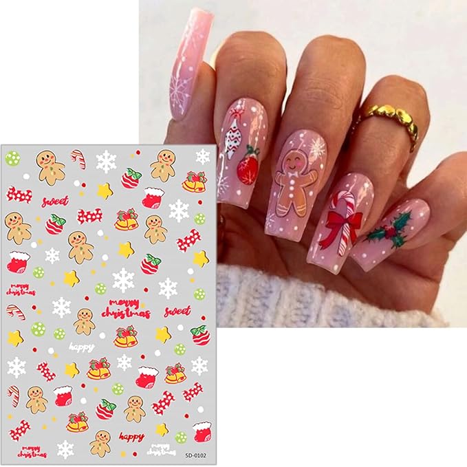 8 Sheets 3D Embossed Christmas Nail Stickers Self-Adhesive Santa Claus Decoration Reindeer Snowflake Gift Xmas Trees Decals Winter Acrylic Nail Art Supplies for Women