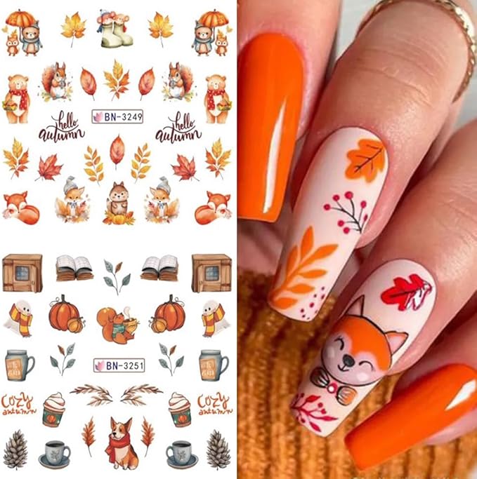 Fall Thanksgiving Nail Art Stickers Decals Autumn Maple Leaf Water Transfer Nail Foils Supplies Fall Pumpkin Squirrel Fox Mushroom Designer Nail Decals for Nail Art Thanksgiving Nail Art Decoration