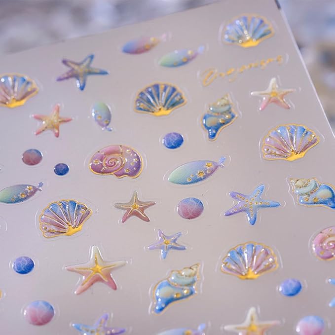 5D Embossed Ocean Nail Art Stickers Decals Self Adhesive Seashell Starfish Nail Decals Sea Creature Designs Summer Nail Stickers Marine Life Manicure Sliders for Women DIY Nail Art Decorations