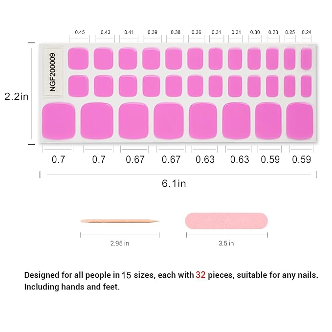 Semi Cured Gel Toenail Strips, 32 Pink B Gel Toenail Stickers - Works with Any UV Lamps Pedicure Strips Full Nail Wraps with Nail File & Wood Stick