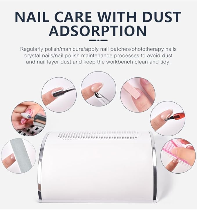Nail Dust Collector for Acrylic Gel Nails Removal, with 3 Exhaust Fan, Powerful 20W Nail Dust Vacuum Cleaner for Nail Art Salon & Home Use, with 2 Reusable Storage Bags, White