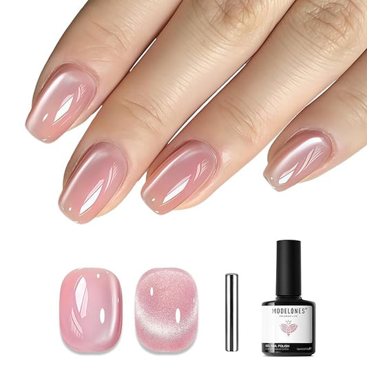 modelones Cat Eye Gel Nail Polish, Pink Glassy 9D Cateye with Magnet Shimmer Soak Off Reflective Translucent Gel Magnetic Top Coat Nail Polish for Women Girl 15 ML
