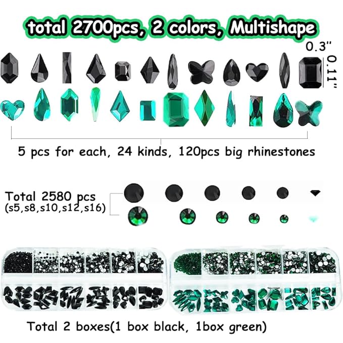 2700 Pcs Green and Black Nails Rhinestones, 120Pcs Big Green and Black Diamond Nail Gem Stones with SS5 SS8 SS10 SS12 SS16 Glass Flatback Round Beads, Glass Jewelry for Nails Art Decoration