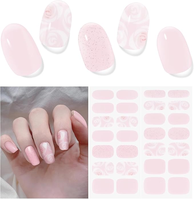 Semi Cured Gel Nail Strips | 28 pcs Gel Nails Strips for Women Work with Any UV Lamp, UV Nail Stickers for Women Home DIY Nails Art(Pink Rose)