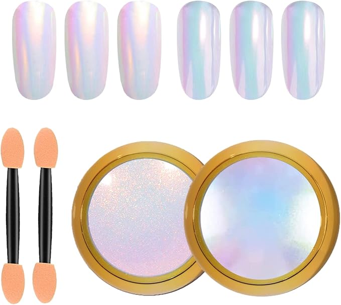 2 Pcs Mermaid Chrome Nail Powder Kit- 2 Colors Neon Effect Iridescent Nails Powder, Aurora Holographic Nail Glitter Rainbow Mica Powders Chrome Nail Art Dust Tip Manicure Pigment