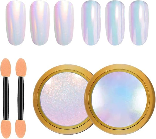 2 Pcs Mermaid Chrome Nail Powder Kit- 2 Colors Neon Effect Iridescent Nails Powder, Aurora Holographic Nail Glitter Rainbow Mica Powders Chrome Nail Art Dust Tip Manicure Pigment