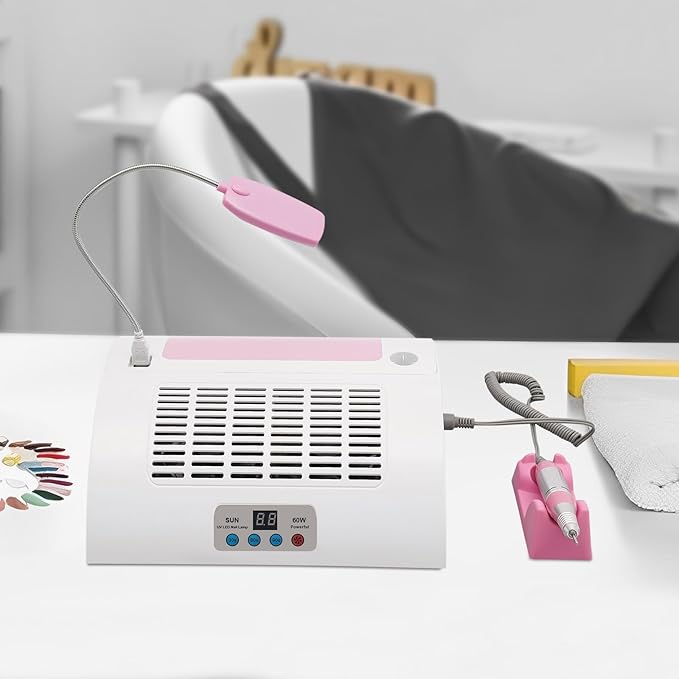 5-in-1 Manicure Machine, 60W Nail Dust Collector with Nail Drill Hand Rest and LED Desk Lamp, Professional Nails Lamp for Salon and Home Use(UV + LED, HWD-1250)