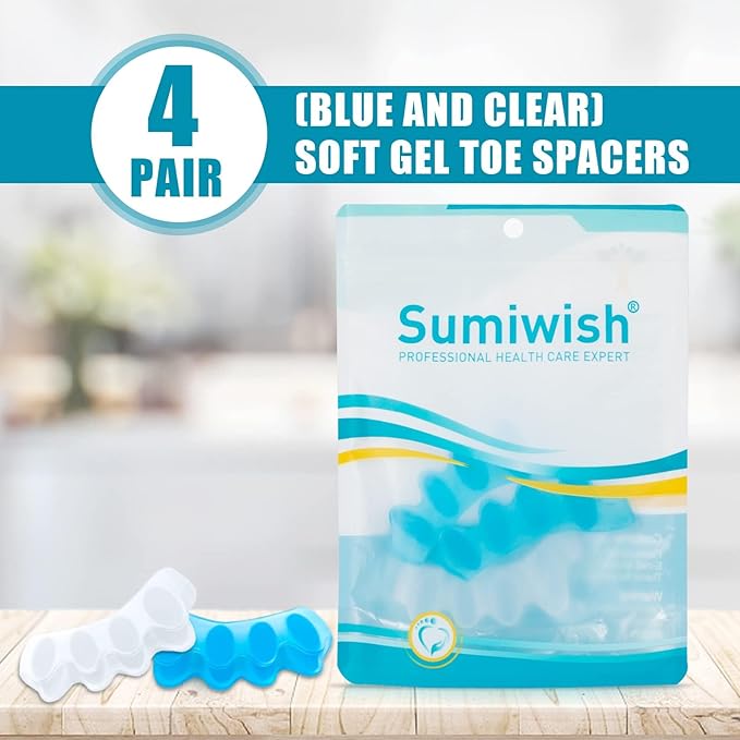 Sumiwish Toe Separators, 8 Pcs Toe Stretcher for Therapeutic Relief from Plantar Fasciitis, (Blue and Clear) Soft Gel Toe Spacers to Correct Bunions, Hammer Toes, Claw Toes -4 Pairs, Soft Material