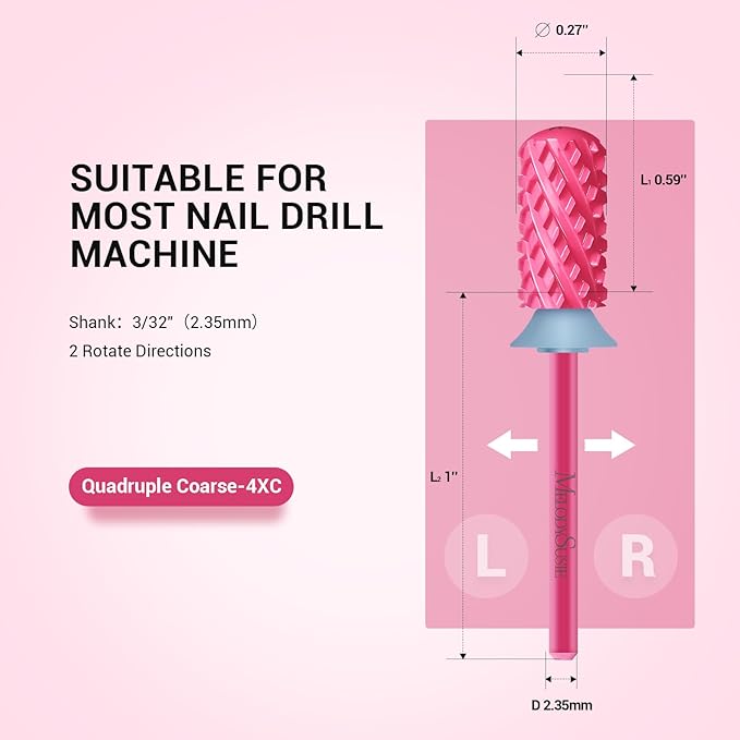 MelodySusie Safety Nail Drill Bits, 3/32'' Smooth Round Top Large Barrel Carbide Bits, Suitable for Manicure Pedicure Cuticle Gel Polishing, Beginners Bits, Pink Blossom, Series Bit-S, 4XC