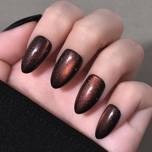 evpct Dark Red Press on Nails Almond Short, Reddish Brown Cat Eye Glitter Press on Nails for Women Gift, Soft Gel Press Glue On Nail with Nail Glue, Full Cover, 30Pcs Reusable Acrylic Fake Nails Kit