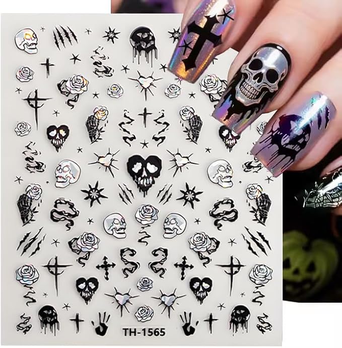 Halloween Nail Art Stickers Decals 3D Sparkly Ghost Pumpkin Self-Adhesive Nail Decals Nail Art Supplies 6PCS Spider Web Spider Black Cat Skull Bat Halloween Nails Design Transfer Sliders for Women