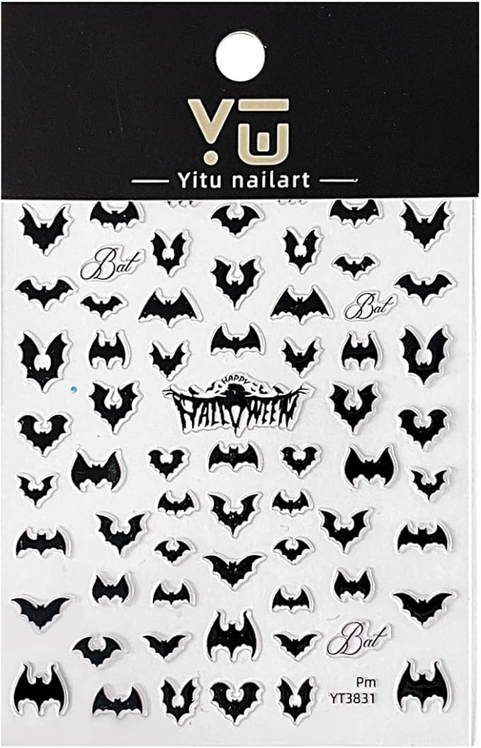 Halloween Bat Nail Stickers for Nail Art Bat Nail Art Design Decals 3D Self-Adhesive Black Bats Nails Art Stickers Halloween Manicure Decoration Sticker for Women DIY Acrylic Nails