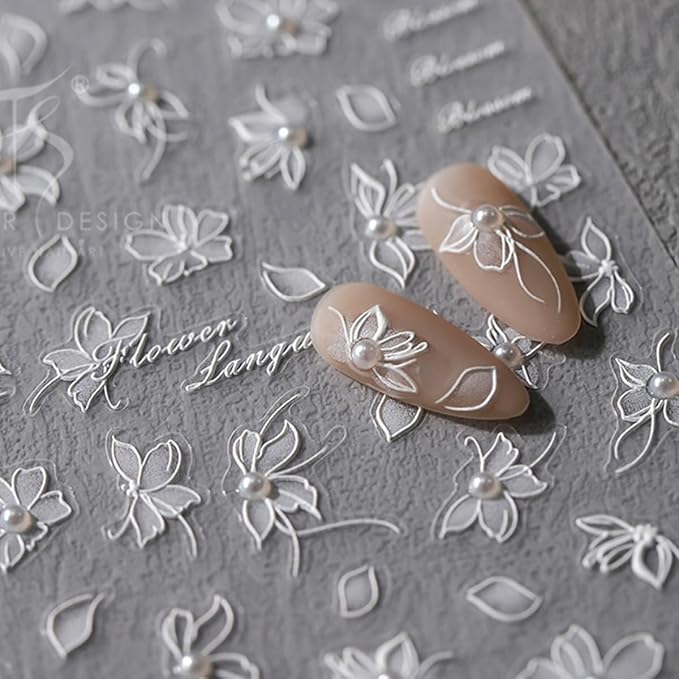5D Embossed Flower Nail Stickers White Floral Nail Art Stickers Self-Adhesive Pearls Nails Decalsb Spring Summer Nail Art Design Supplies for Women Girls Nails Manicure Decoration