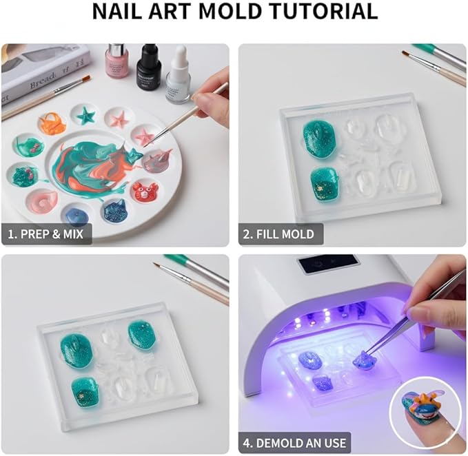 3D Sea Creature Nail Art Molds - DIY Resin/Gel Nail Charms Making Kit, Cute Shark, Crab, Seashell & Ocean Theme Decorations for Manicure