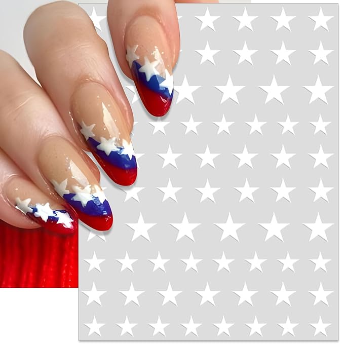 4th of July Nail Stickers, Laser Bright Red Blue White Star for Independence Day Patriotic Nail Decals, 3D Design Self-Adhesive USA Flag Glitter Star Nail Art (6 Sheets)