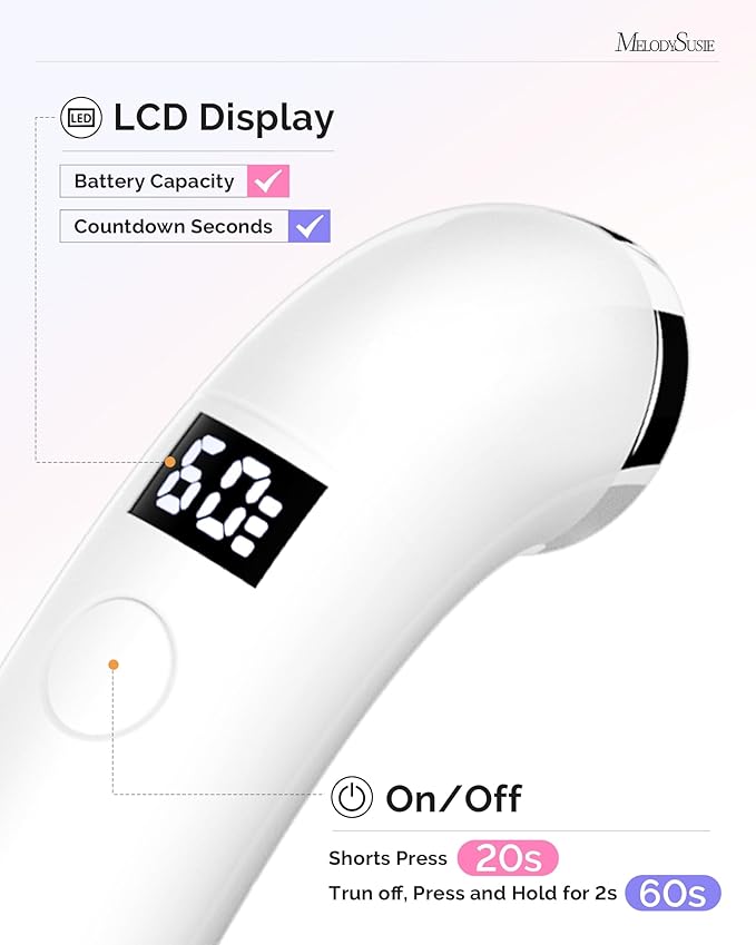 MelodySusie Handheld UV Light for Gel Nails, P-ART01A Cordless UV Nail Lamp with LCD Display& Ergonomic Design, Rechargeable LED Light Flash Cures Soft Gels, Rhinestone Glue & Liner Gel,White