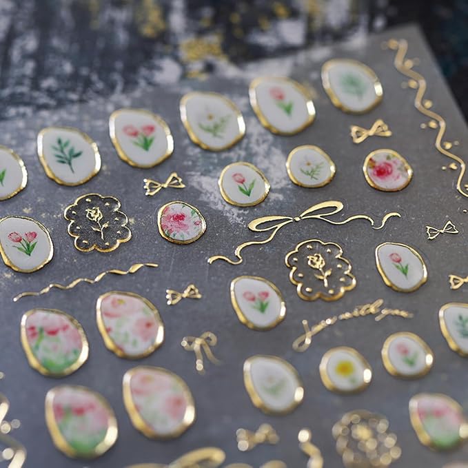 Flower Nail Art Stickers Decals 5D Embossed Jelly Flowers Nail Decals 1PCS Hot Stamping Tulip Gold Edge Rose Bow-knot Lily Leaf Flower Design Nails Adhesive Stickers for Women DIY Nail Art Decorations