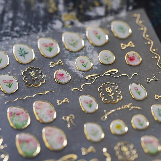 Flower Nail Art Stickers Decals 5D Embossed Jelly Flowers Nail Decals 1PCS Hot Stamping Tulip Gold Edge Rose Bow-knot Lily Leaf Flower Design Nails Adhesive Stickers for Women DIY Nail Art Decorations