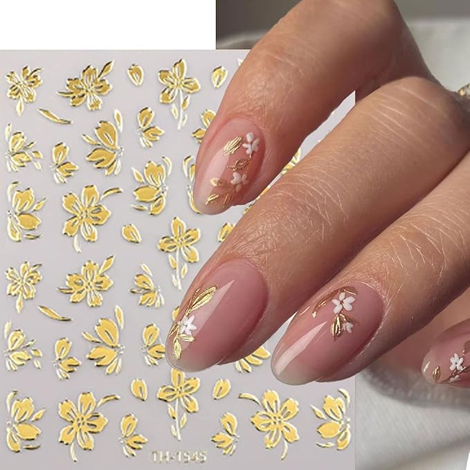 Gold Flower Nail Art Stickers 3D Self Adhesive Nail Stickers Metal Nail Decals with Bronzing Floral Leaf Design Cute Nail Sticker for Nails Art Decoration Salon Manicure Supplies for Women 6 Sheets