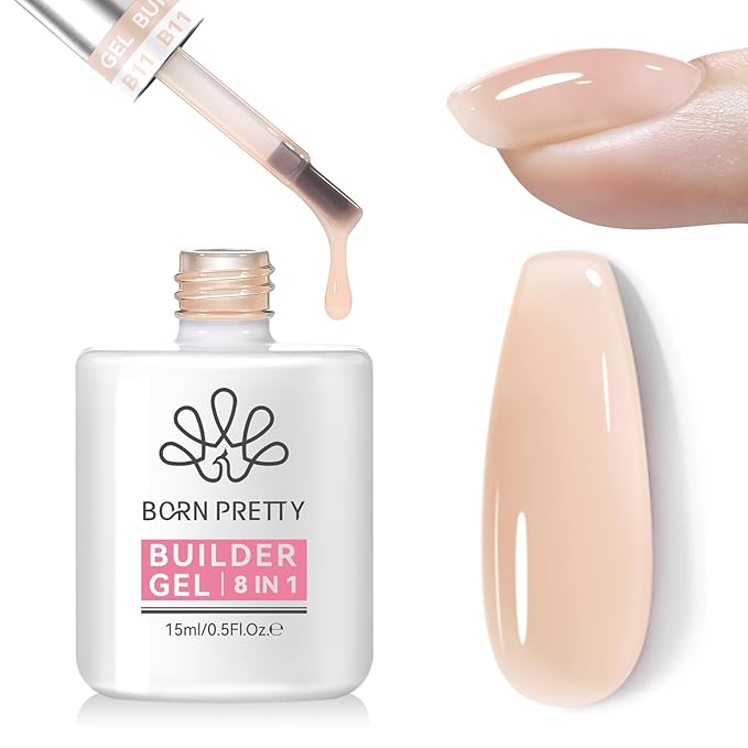 BORN PRETTY Builder Gel for Nails 15ML,8-in-1 Neutral Nude Cover Hard Gels for Nail Apex Building & Extensions,Translucent Base Gel & Rhinestone Glue in a Bottle,U V/LED Cured for DIY & Salon Use