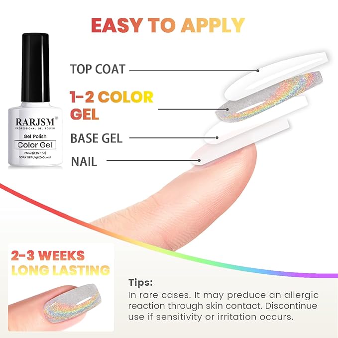 RARJSM Holographic Rainbow Cat Eye Gel Nail Polish with Magnet Stick Clear Silver Iridescent Glitter Sparkle 9D Cat Eye Gel Polish Soak off UV LED Curing Requires Soak Off Home Salon Diy Nail Art