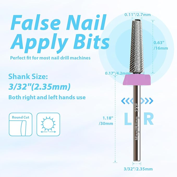 16mm 5 in 1 Nail Drill Bits for False Nail Apply, 3/32'' Tungsten Carbide Professional Bit, Slender Bit for Corners, Left & Right Hand Use, Manicure Cuticle Gel Polishing, Double Fine.