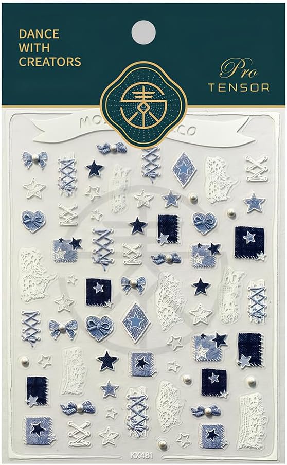 Cowboy Nail Art Stickers Decals 5D Embossed Bow Star Pearls Nail Stickers Self-Adhesive Blue Cowboy Nail Decals Supplies for Women DIY Manicure Decorations 1 Sheets