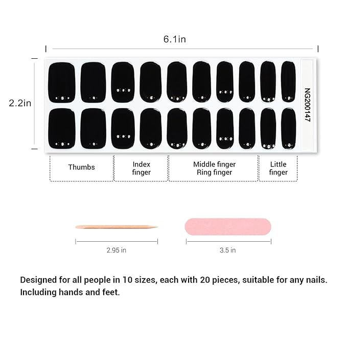 20pcs Semi Cured Gel Nail Strips, Real Nail Polish Art Stickers, Black Diamond Gel Nail Stickers - Work with Any UV Lamp, Long Lasting Full Wraps with Nails File and Stick