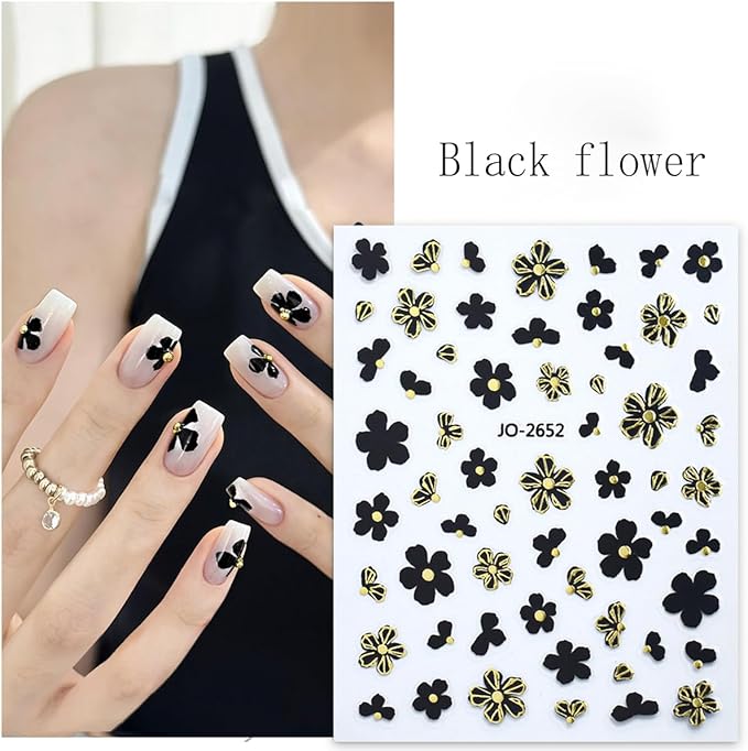 6Sheets Camellia Petals Nail Art Stickers 3D Metallic Flowers Nail Decals Engraved Flower Nail Sticker Black Gold Silver Designs Self-Adhesive Floral Nail Supplies for Women French Manicure Decoration