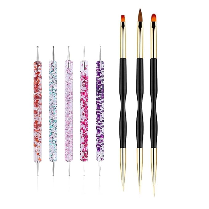 Nail Dotting Tools 8 Pcs Kit - 5PCS Nail Dotting Pens with 3 PCS Nail Painting Brushes, Double Ended Brush and Dotting Tool Kit, Nail Art Design Tools