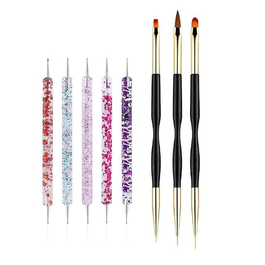 Nail Dotting Tools 8 Pcs Kit - 5PCS Nail Dotting Pens with 3 PCS Nail Painting Brushes, Double Ended Brush and Dotting Tool Kit, Nail Art Design Tools
