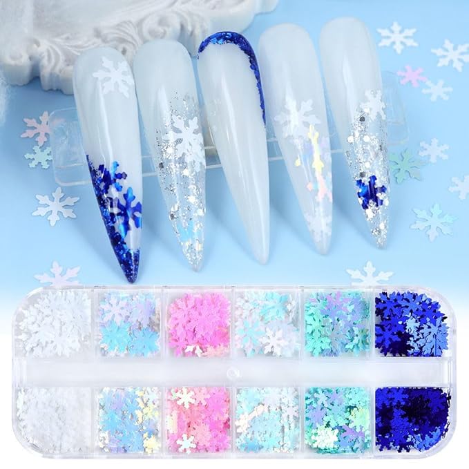 Christmas Nail Art Glitters Sequins, 3 Boxes Holographic Snowflake Nail Art Flakes Red Green White Winter Snowflake Star Glitter Sticker Decals Manicure DIY Xmas Decorations 36 Styles