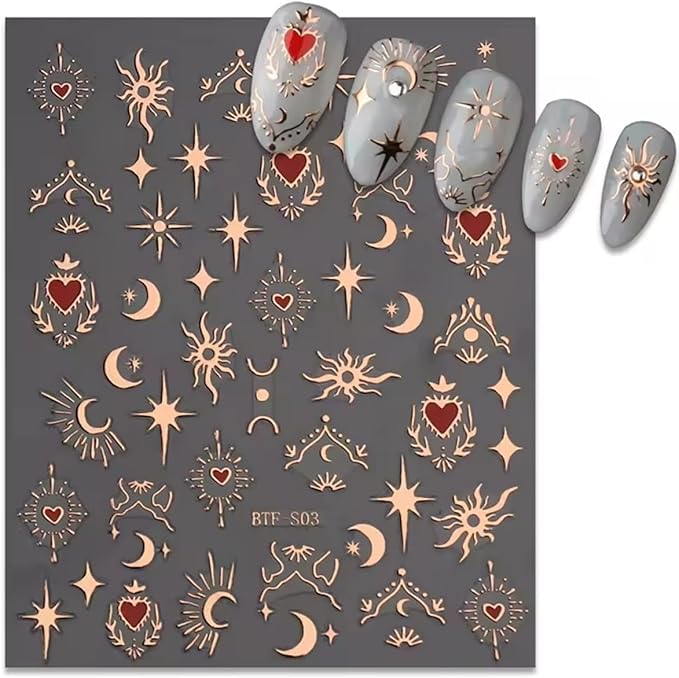 Gold Silver Nail Art Stickers Decals 6 Sheets Moon Star Nail Stickers 3D Self Adhesive Nail Decals Heart Moon Starlight Star Nail Art Design Decoration Accessories for Women Girls
