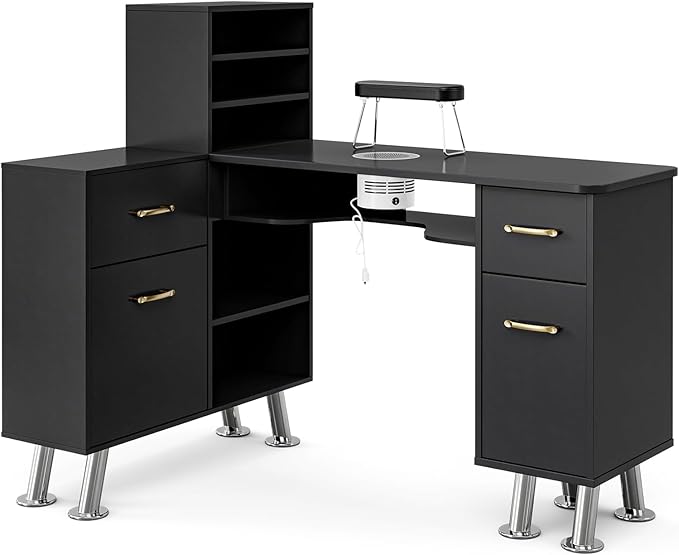 Manicure Table with Shelves, L-Shaped Nail Table Station w/Electric Downdraft Vent, Foldable Nail Arm Rest, Storage Cabinets, Drawers, Metal Handles & Legs for Nail Tech(Black New)