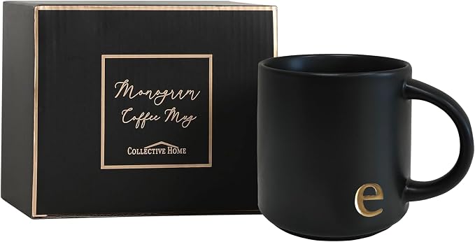 COLLECTIVE HOME Black Ceramic Coffee Mug, 15 oz Golden Monogram Tea Cup | - Image 4