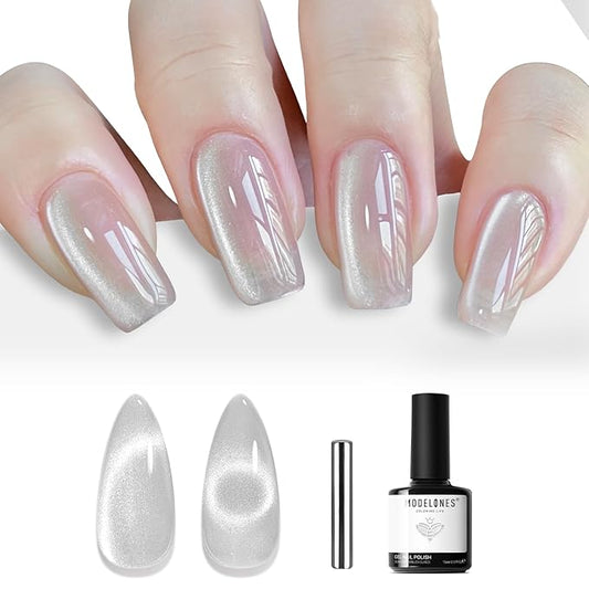 modelones Cat Eye Gel Nail Polish, Glitter Silver 9D Holographic Magnetic High Density Crystal Nail Polish with Magnet Soak Off U V White Gel Polish Top Coat Shimmer Nail Art Manicure Salon DIY