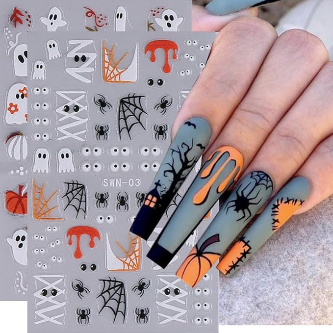 Halloween Nail Art Stickers Decals 5D Embossed Halloween Nail Decals 4PCS Ghost Bandage Eye Ball Spider Web Pumpkin Nails Design Adhesive Stickers Manicure Supply for Women DIY Nail Art Decorations