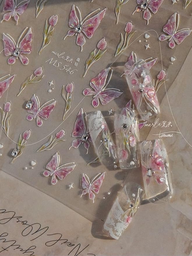 Tulips Butterfly Nail Stickers 5D Embossed – Premium Salon-Quality Nail Charm Accessories, Easy Application & Self-Adhesive for DIY Manicure, Tulip Butterflies Nail Art, Press on, Home or Salon Use