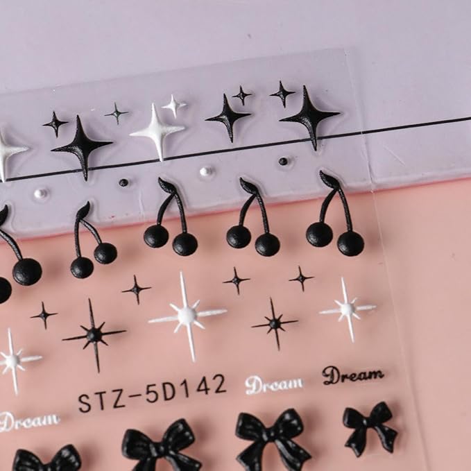 3 Sheets Goth Nail Stickers for Nail Art 5D Punk Style Black Bow Nail Art Stickers Black Star Cherry Nail Decals Self-Adhesive Nails Supplies Dark Style Star Bow Nail Decoration for Women DIY Manicure