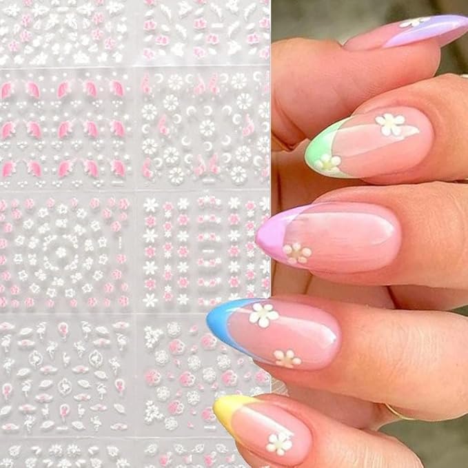 30 Sheets Flower Nail Art Stickers Pink White Flower Nail Stickers 3D Self Adhesive Cute Daisy Floral Nail Decals Nail Supplies Nail Art Design Decoration Accessories for Women Girls