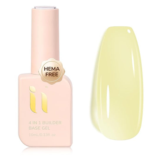 4 in 1 Hema Free Builder Gel Polishes, Cream Yellow, Soak Off Rubber Base LED UV Need Strengthener for Thin Flimsy Nail, Streak Free, Strengthening Nails Thickening & Repair